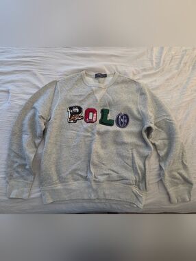 Ralph Lauren Light Gray Crewneck Sweatshirt with Multi-Color Logo Patches
